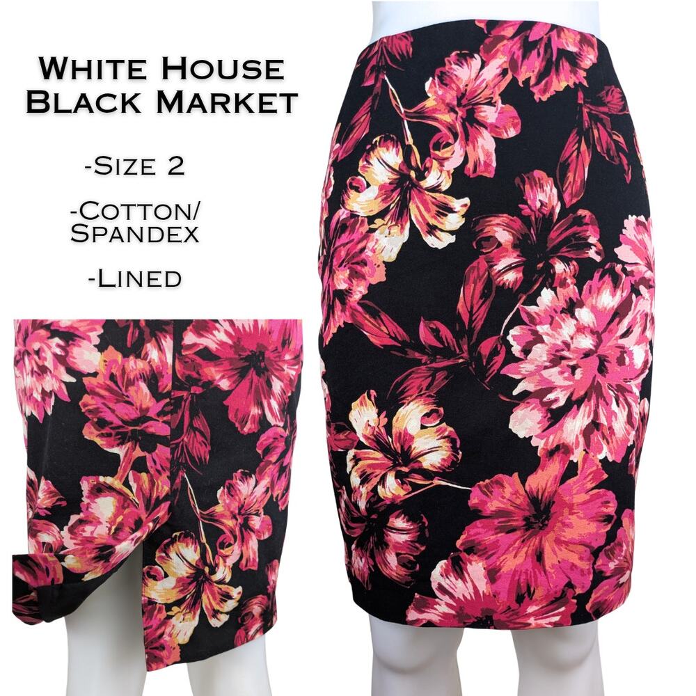 White House Black Market Pencil Skirt 2 Black Pink Floral Bright Bold Polished